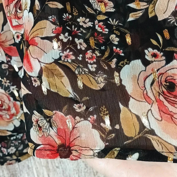 Floral sheer boho gathered mock neck flowy ruffle shimmer wide sleeve M - Picture 7 of 14